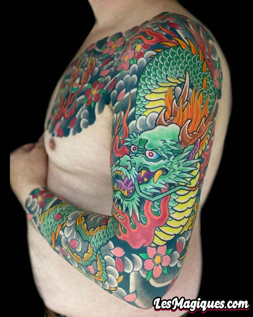 Tatouage Dragon et Fleur