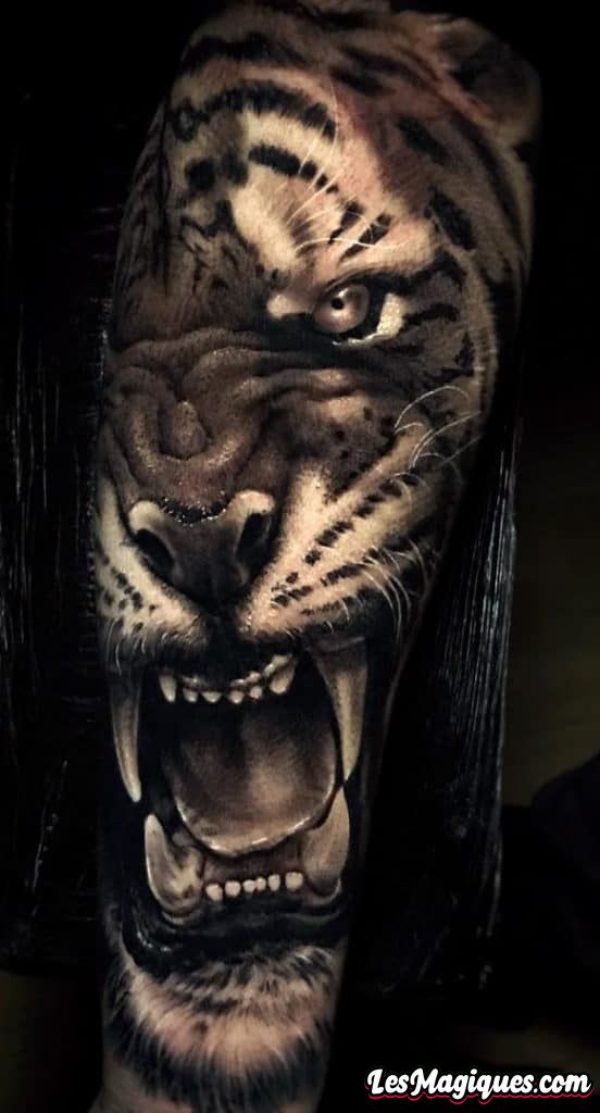 Tatouage réaliste de tigre noir et gris