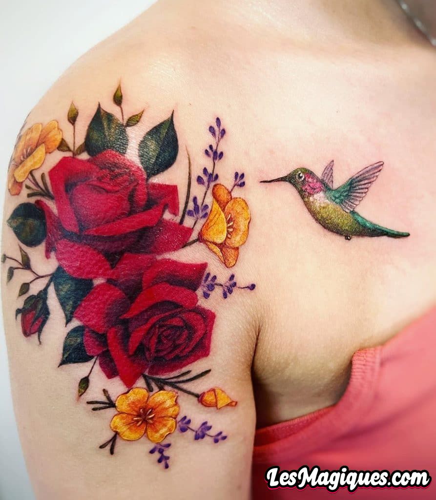 Tatouages ​​​​de rose avec tatouage de colibri